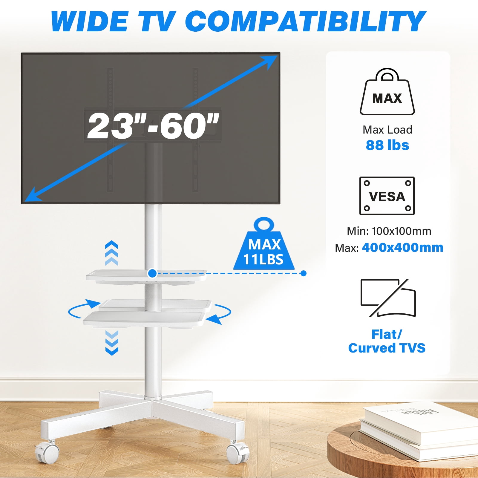 RTVR Modern Rolling TV Stand on Wheels with Shelf for 23 to 55 60 inch Flat Screens, Mobile TV Cart Stand, White