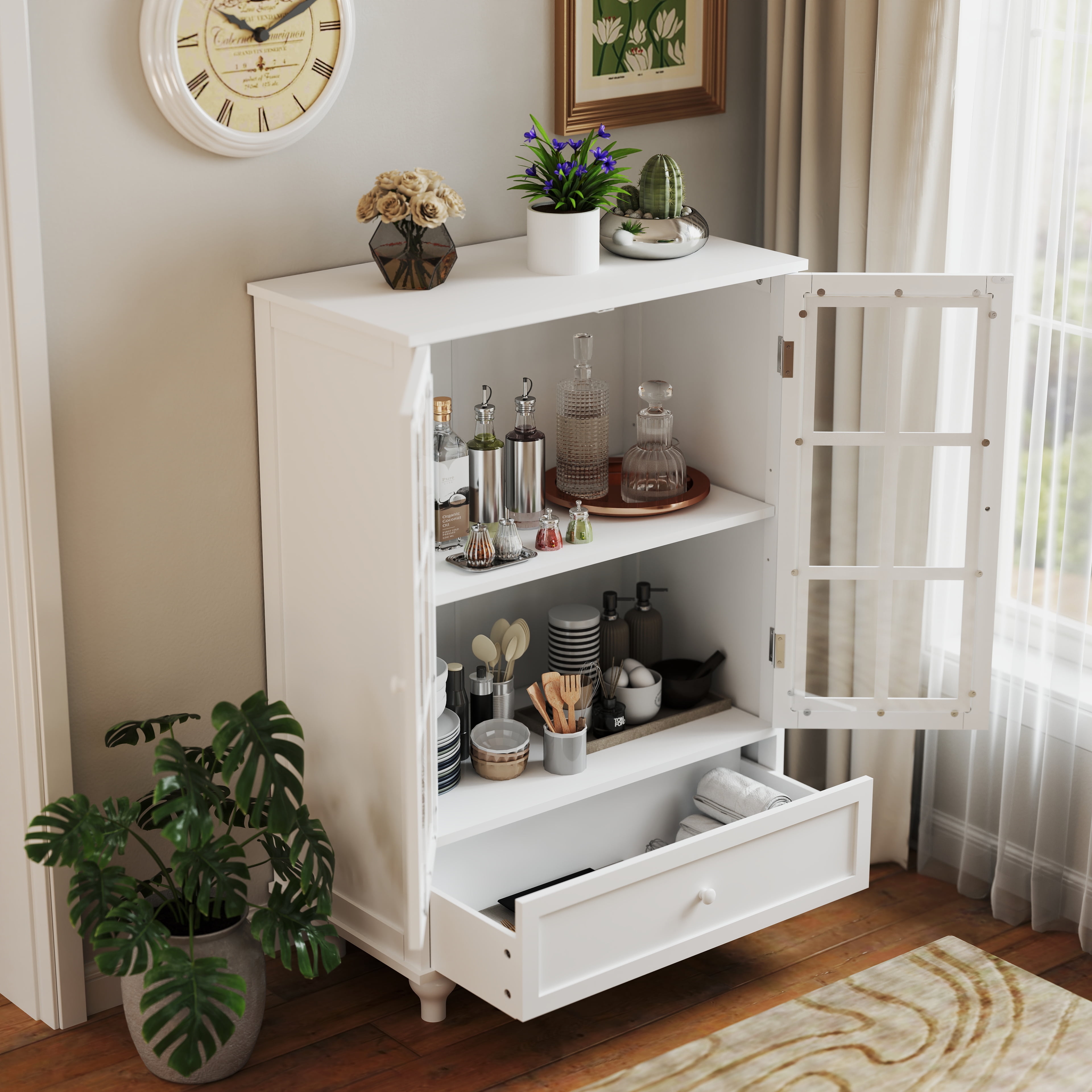 Aukfa Buffet Pantry Cabinet,2 Doors Wood Sideboard Storage Cabinet for Dining Room Hallway Entryway,White