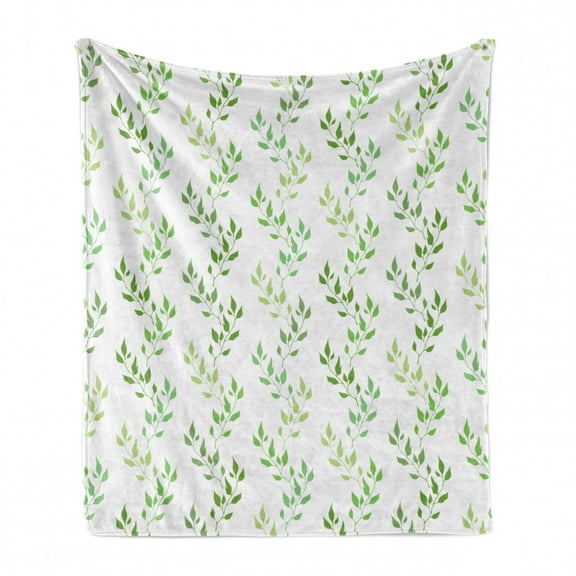 Leaf Soft Flannel Fleece Throw Blanket, Symmetrical Olive Leaves and Wavy Branches with Patterns Classical Illustration, Cozy Plush for Indoor and Outdoor Use, 70" x 90", Green, by Ambesonne