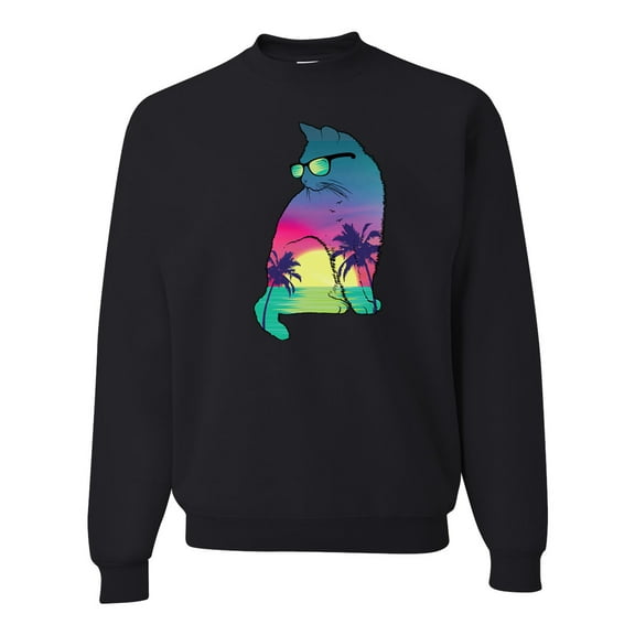 Neon Beach Sunset Cat California Vibes | Mens Animal Lover Crewneck Graphic Sweatshirt, Black, Small