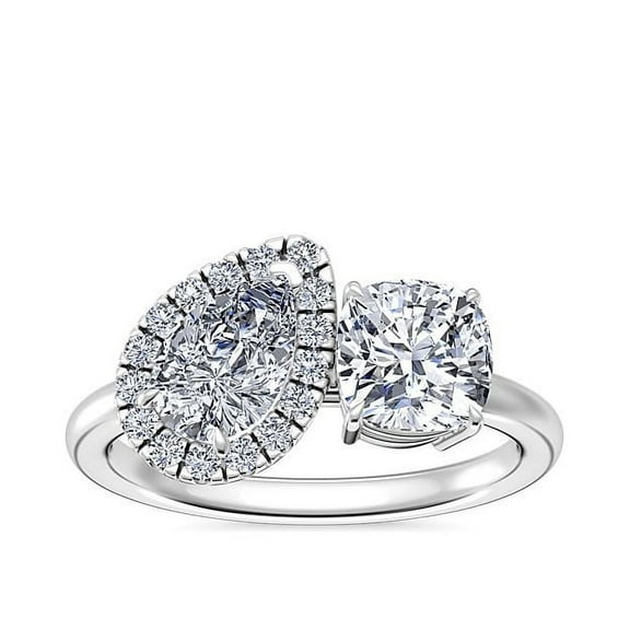 1.10 Carat Sparkle Two Stone Cushion & Pear Cut Genuine Diamond Bridal Ring for her Solid 14K White Gold Size 7