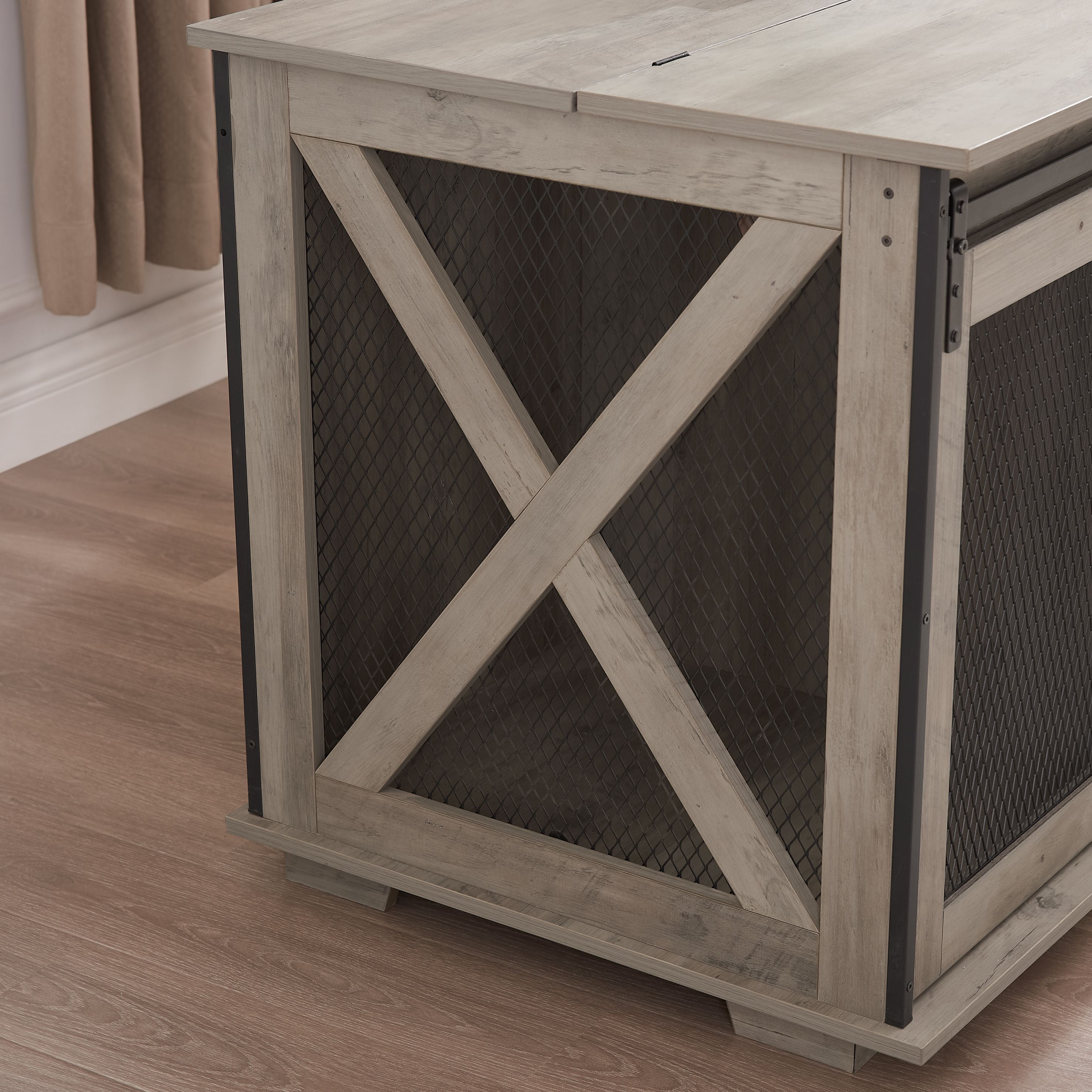 CKEASEAN Farmhouse Style Dog Cage Crate Furniture with Sliding Barn Door, Wooden Dog Kennel End Table with Flip-top Plate and Detachable Divider for Small/Medium/Large Dogs