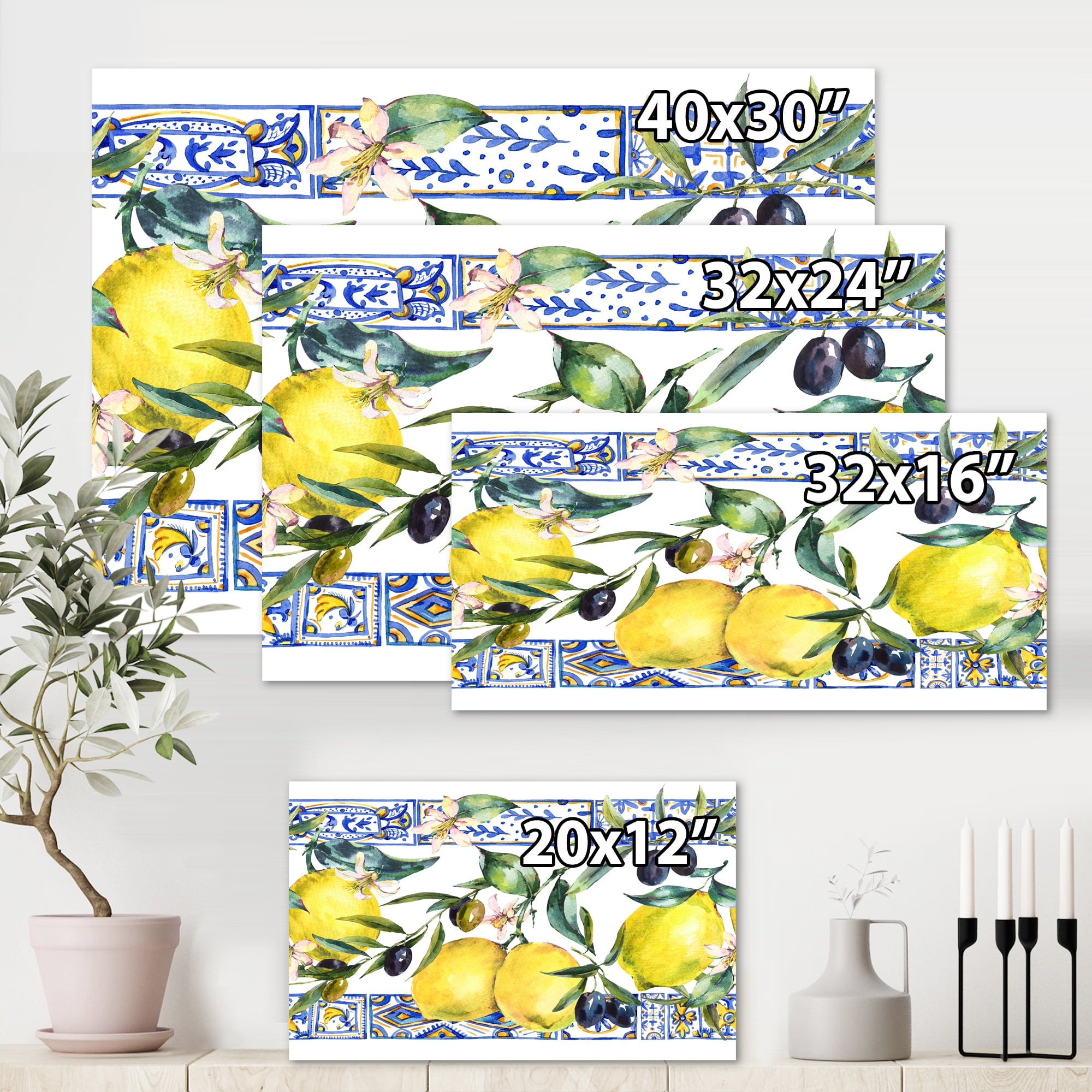 Geometrical Pattern of Lemon Ornament On Blue II 8 in x 12 in Painting Canvas Art Print, by Designart