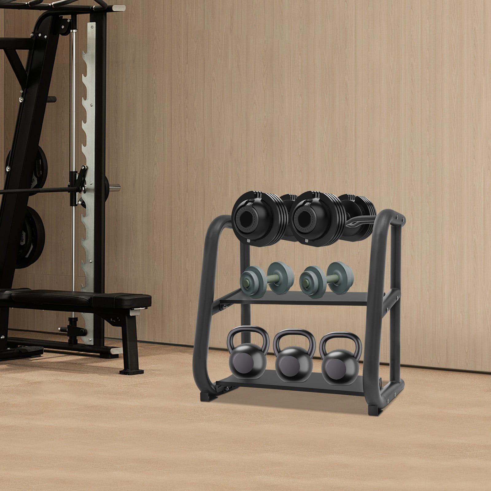 ToppiJoy 2-Tier Free Standing Dumbbells & Kettlebells Weight Stand, Multifunctional Weight Rack Fitness Equipment Storage Rack for Home & Office & Gym
