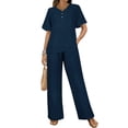 thumbnail image 3 of Womens V Neck Two Piece Set Short Sleeve Top and Casual Long Pants Fashion Slimming Outfit Navy Blue XXL, 3 of 7