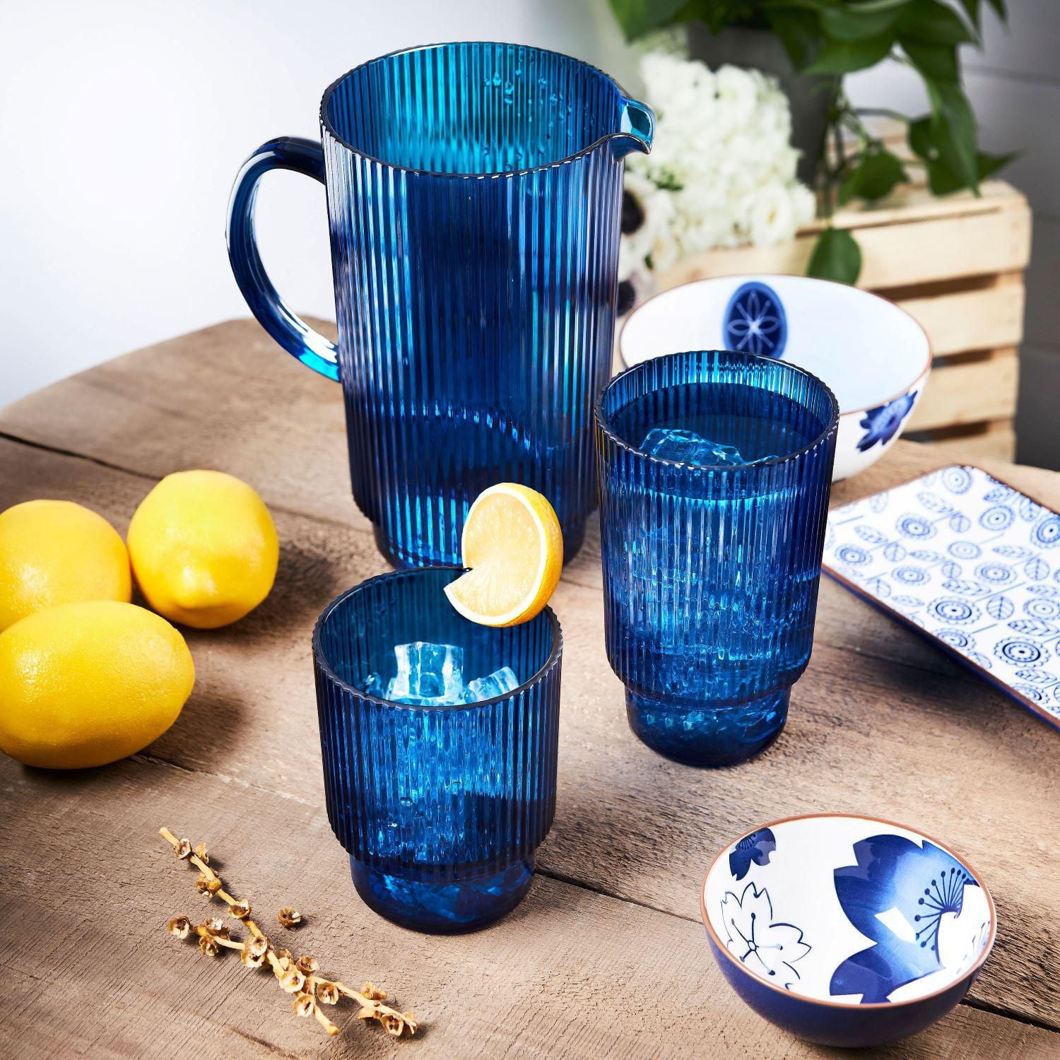 Blue Acrylic Pitcher and Highball Tumblers, Set of 5