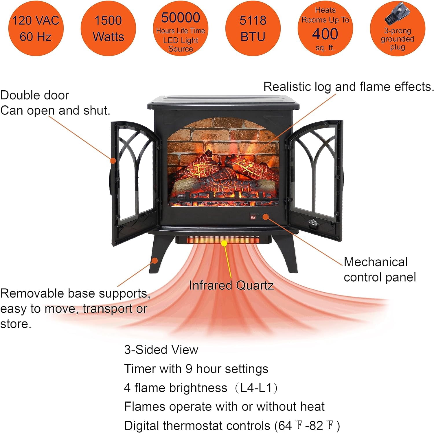 23.7Inch 3D Infrared Electric Stove Heater, Free-Standing Infrared Fireplace, LED Light Source, 1500W, 5018BTU, Overheating Protection, Remote, Timer, Black & Wall Tiles Background