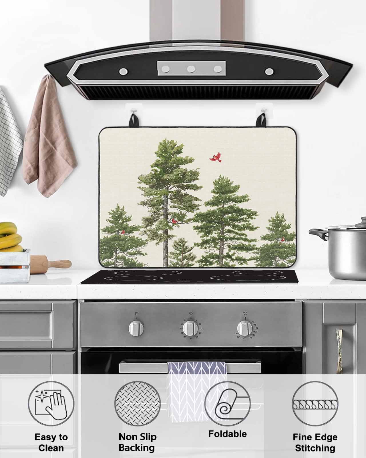 Large Induction Cooktop Protector Mat Christmas Stove Top Covers for Electric Stove, Winter Cardinal Pine Tree Light Beige Decorative Stove Burner Cover Mats, Glass Top Stove Cover
