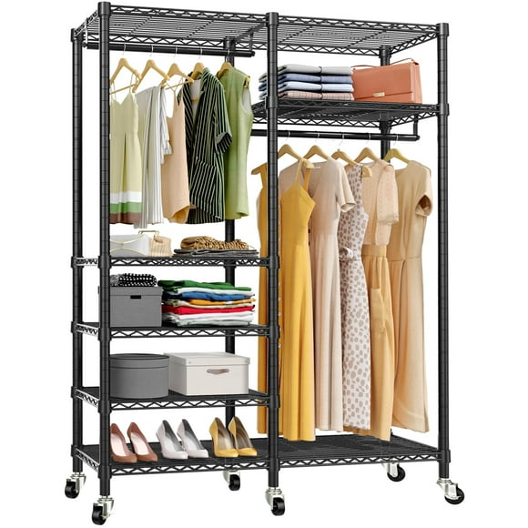 VIPEK R4 Rolling Garment Rack 6 Tiers Adjustable Heavy Duty Wire Shelving Clothes Rack with Double Rods and Lockable Wheels, Freestanding Wardrobe Closet Storage Rack Metal Clothing Rack, Black