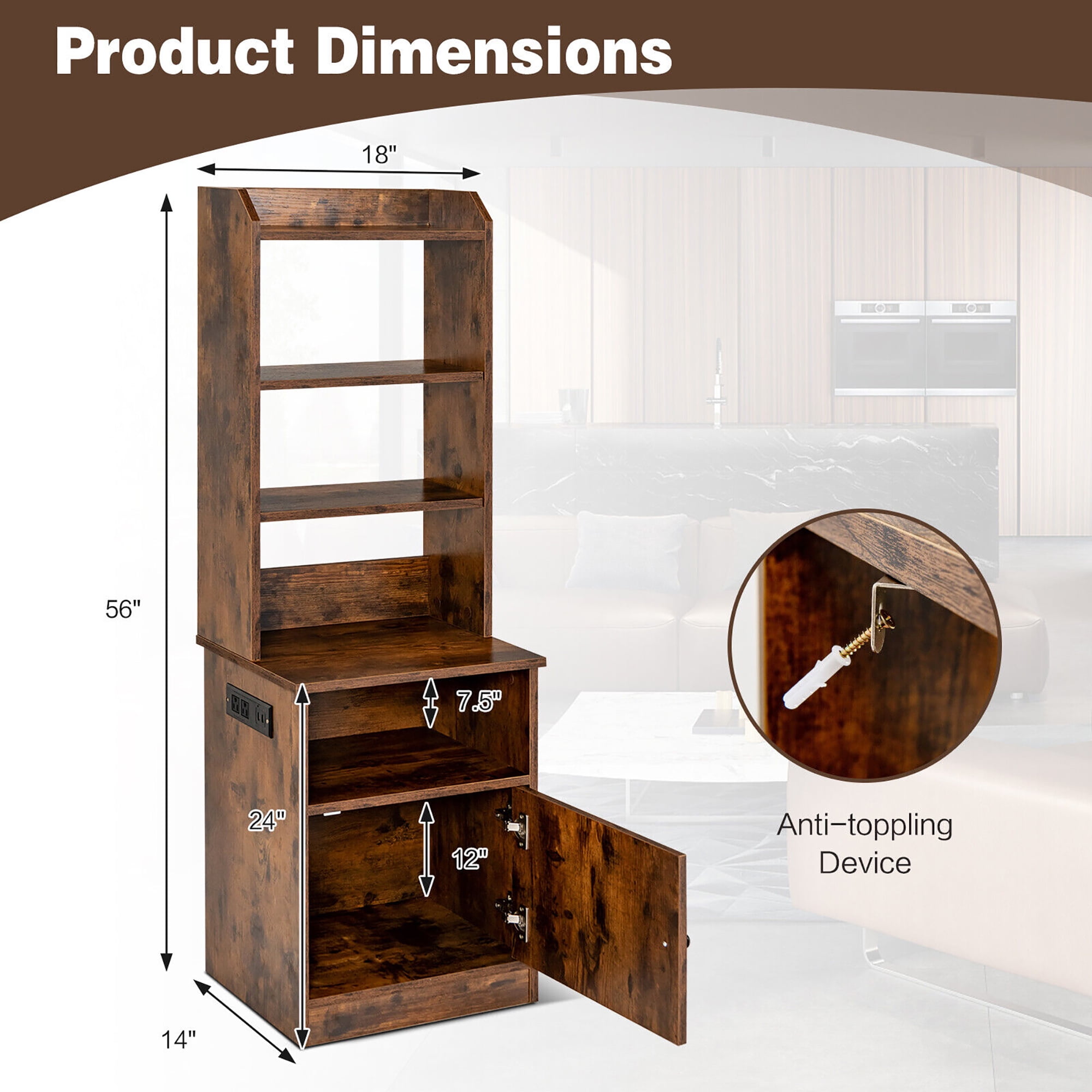 Gymax Nightstand Bedside End Side Table Bookshelf w/ Charging Station Rustic Brown