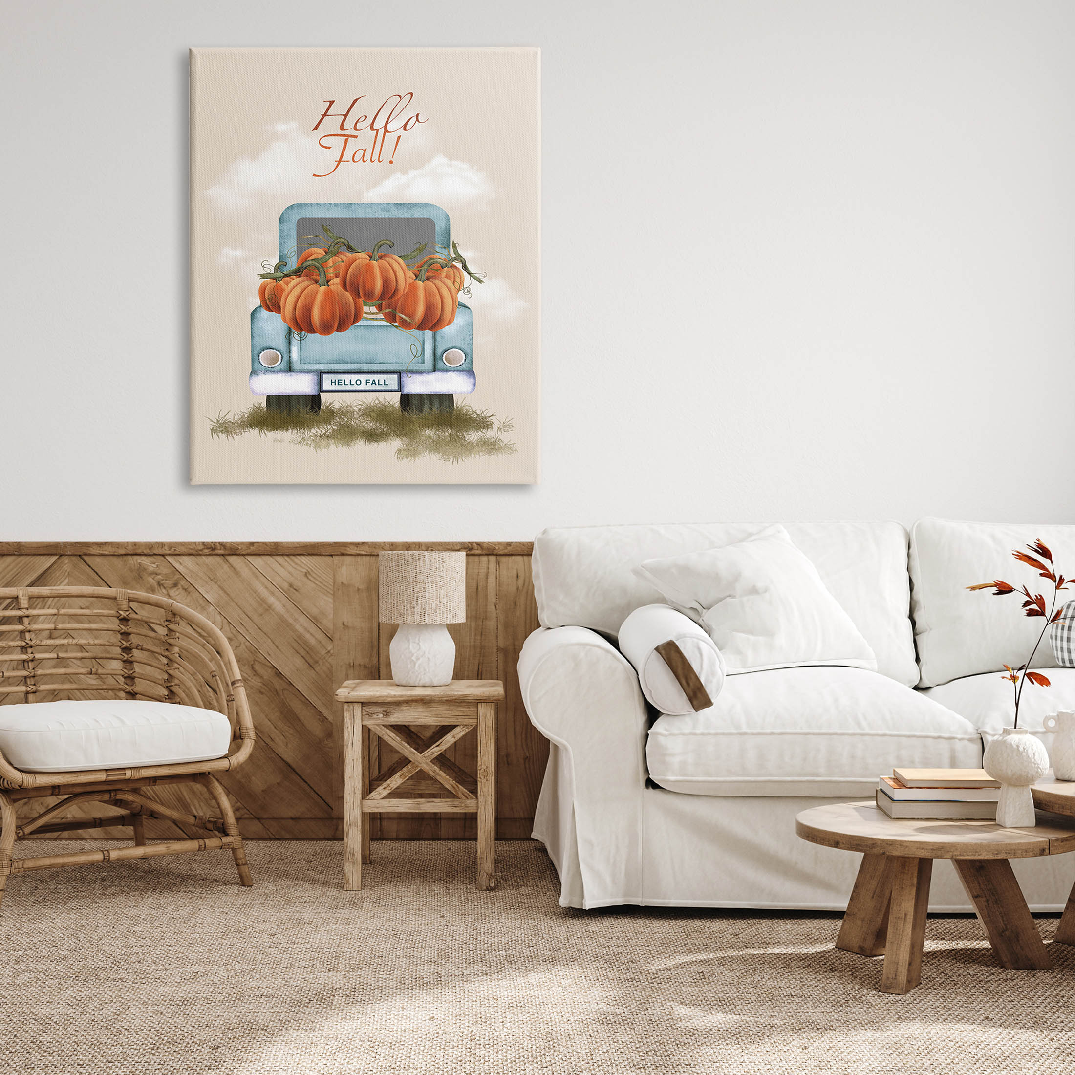 Hello Fall Seasonal Autumn Pumpkins Holiday Graphic Art Gallery Wrapped Canvas Print Wall Art
