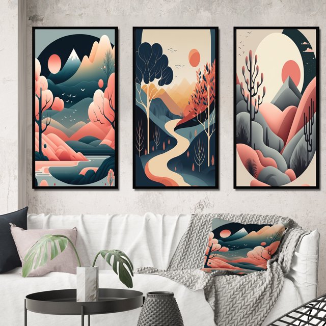 Designart "Full Red Moon Casting Glow on Mountains I" Landscape Mountains Framed Wall Art Set Of 3 - Yellow Mountains Frame Gallery Set For Office Decor