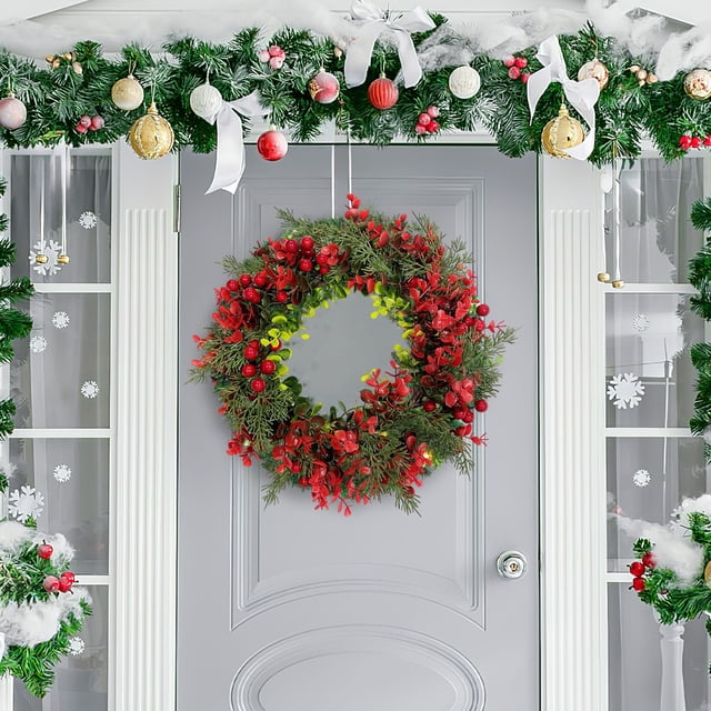 ABPWLY Couronne de Fruits Rouges de Noël Décoration de Porte en Plastique Bienvenue Maison Entrée Guirlande Artificielle Décoration Intérieure Extérieure 1 Pce 13.38 Po