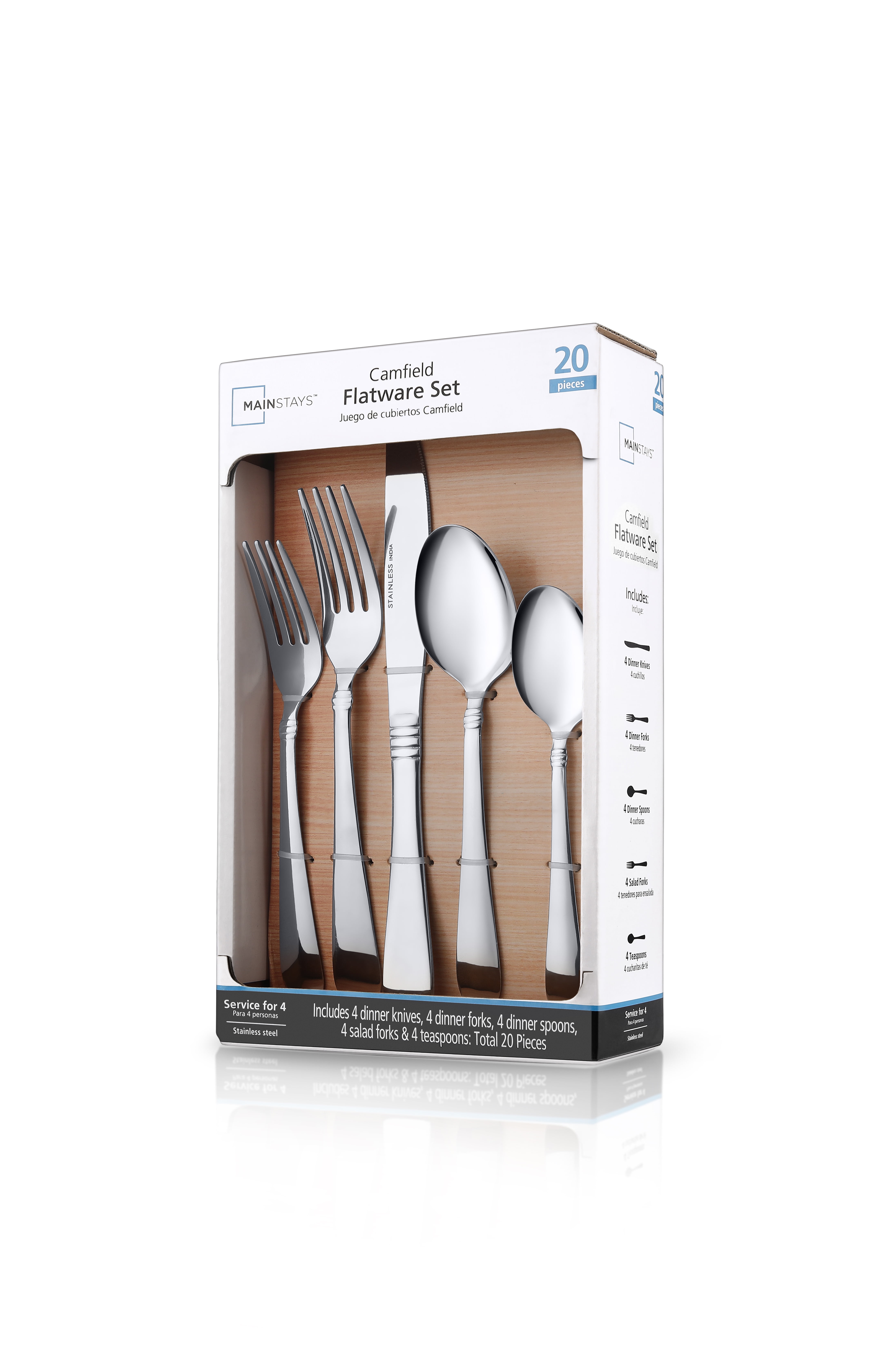 Mainstays Camfield 20-Piece Stainless Steel Flatware Set, Service for 4
