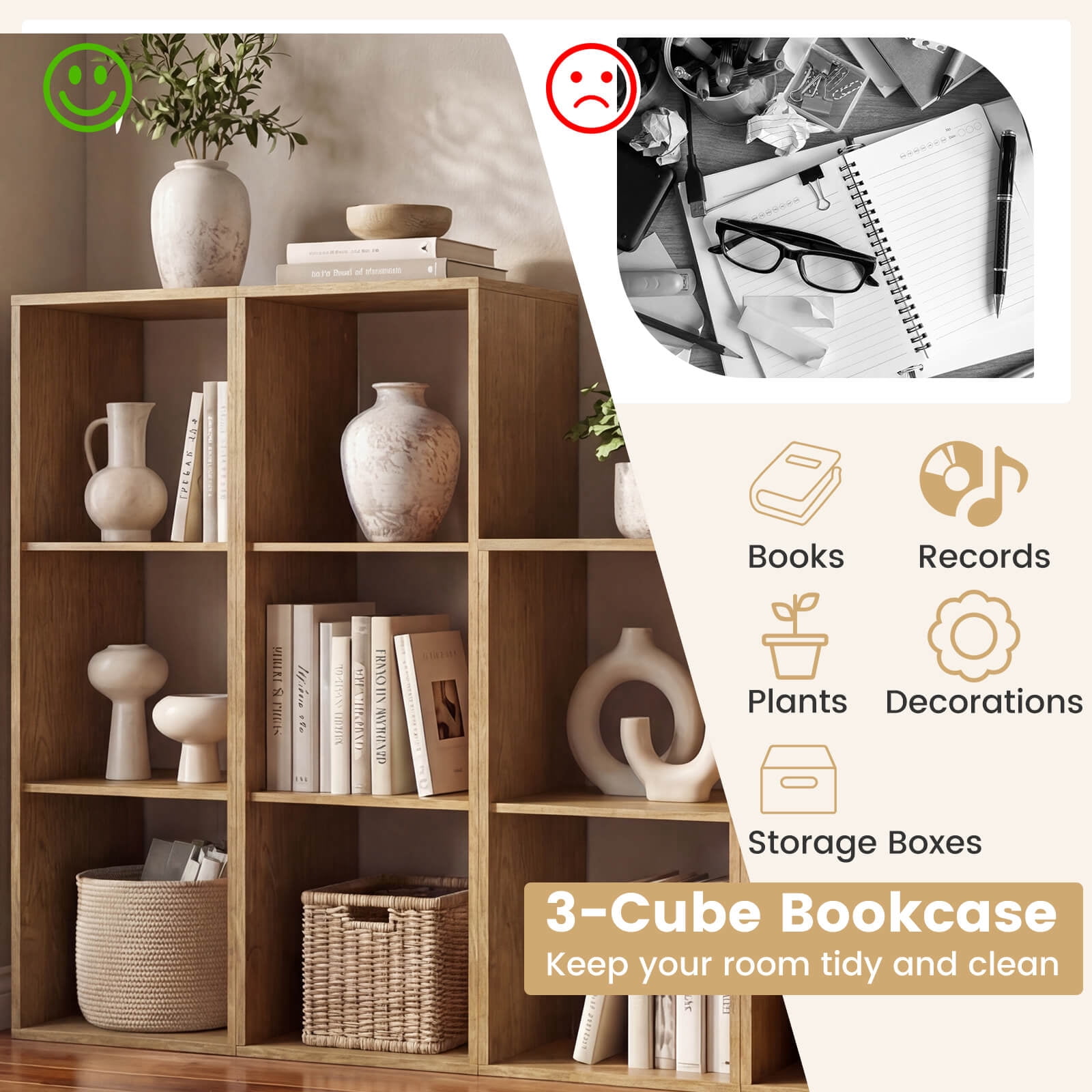 Costway 3-Cube Bookshelf, Modern Vertical Bookcase with Back Guardrail & Anti-tipping Kits Natural
