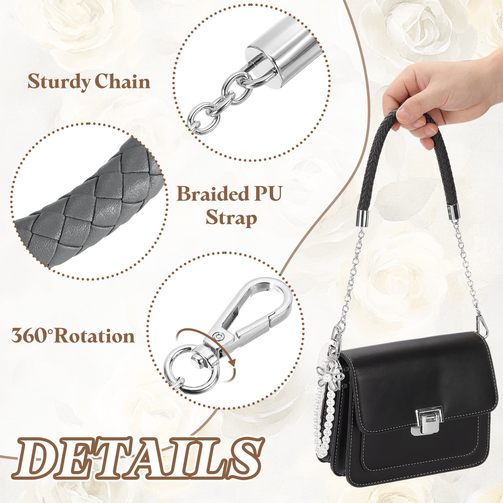 Uxcell 2 Pcs PU Leather Chain Purse Strap, 23.6 Inch Braided Purse Handles Replacement Strap with Pearl Pendant for Tote Bag Handbag Underarm Bag (Dark Gray, Silver Chain)