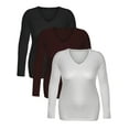 thumbnail image 3 of Emmalise Women's Junior Size Vneck Tshirt Long Sleeve Shirt, 3Pk Black Burgundy White, Medium, 3 of 5