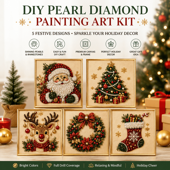 9.84*9.84*1.97IN Christmas Kit, Beginner DIY Bead Art Set with Canvas, Applicator Pen, Wax, Sorting Tray, Instructions and Photo Frame,A