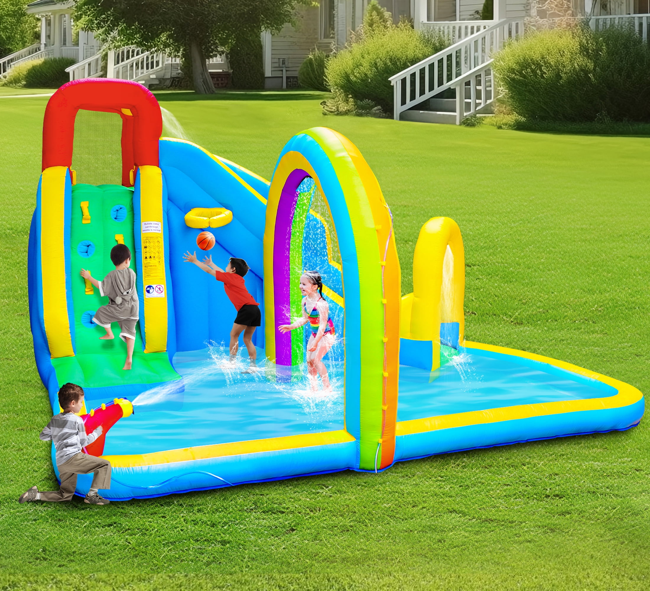 WELLFUNTIME Inflatable Water Slide Park with Blower, Bounce House for Kids with Splash Pool and Rainbow Sprinkler