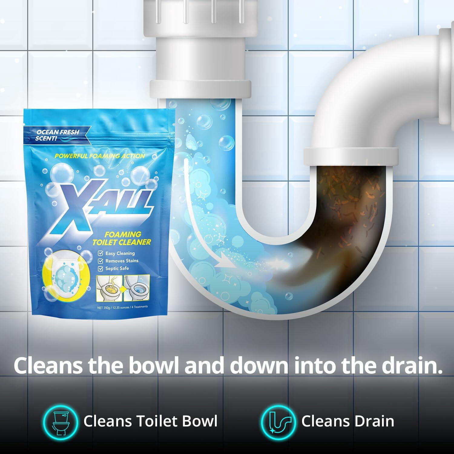 X-ALL Foaming Toilet Cleaner, Self-Activating Powder for Deep Cleaning, Fights Stains, Limescale and Mineral-Buildup