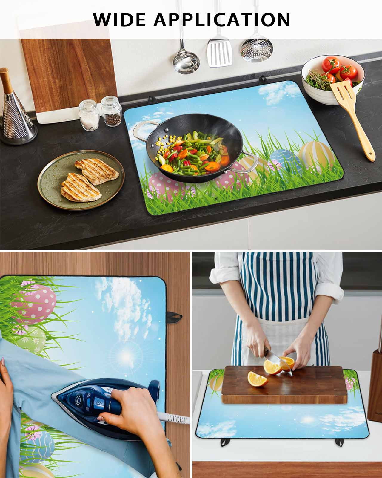 Large Induction Cooktop Protector Mat Easter Stove Top Covers for Electric Stove, Spring Country Colorful Eggs Grass Green Sky Blue Decorative Stove Burner Cover Mats, Glass Top Stove Cover