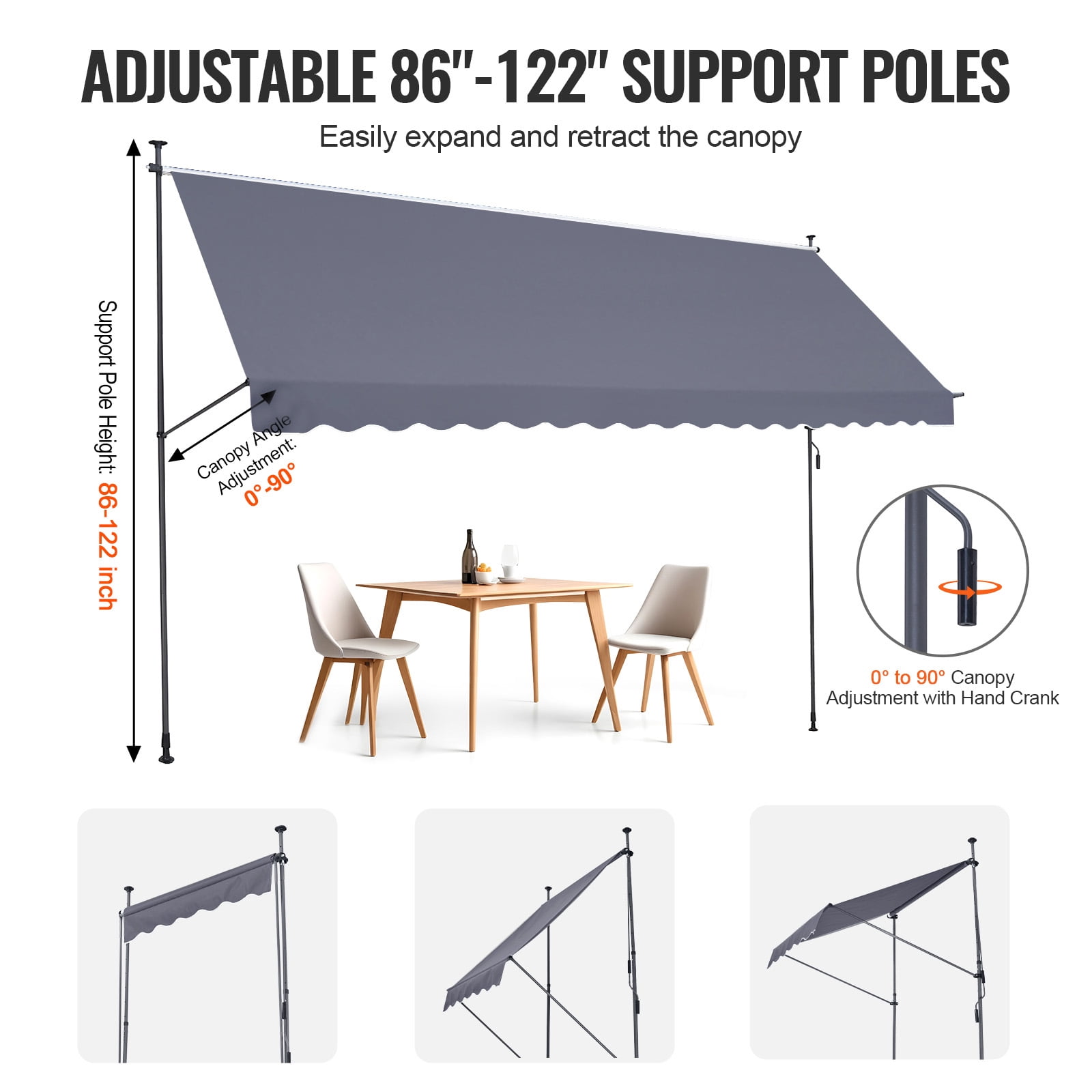 KFFKFF 178 x 47" Retractable Patio Awning, Manual Crank Handle Sunshade Shelter, Outdoor Canopy for Deck, Adjustable Height Ranging 86 to 122 in, Suitable for Patio/Balcony/Yard, Dark Gray