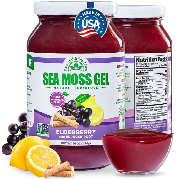 Irish Sea Moss Gel (Elderberry-Burdock Root) - LARGE 16 OZ - Real Fruit - Wildcrafted Sea Moss