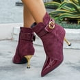 thumbnail image 3 of Women's Burgundy Suede & Patent Leather Ankle Boots - Pointed Toe Kitten Heel Booties with Gold Buckle Accent, 3 of 10