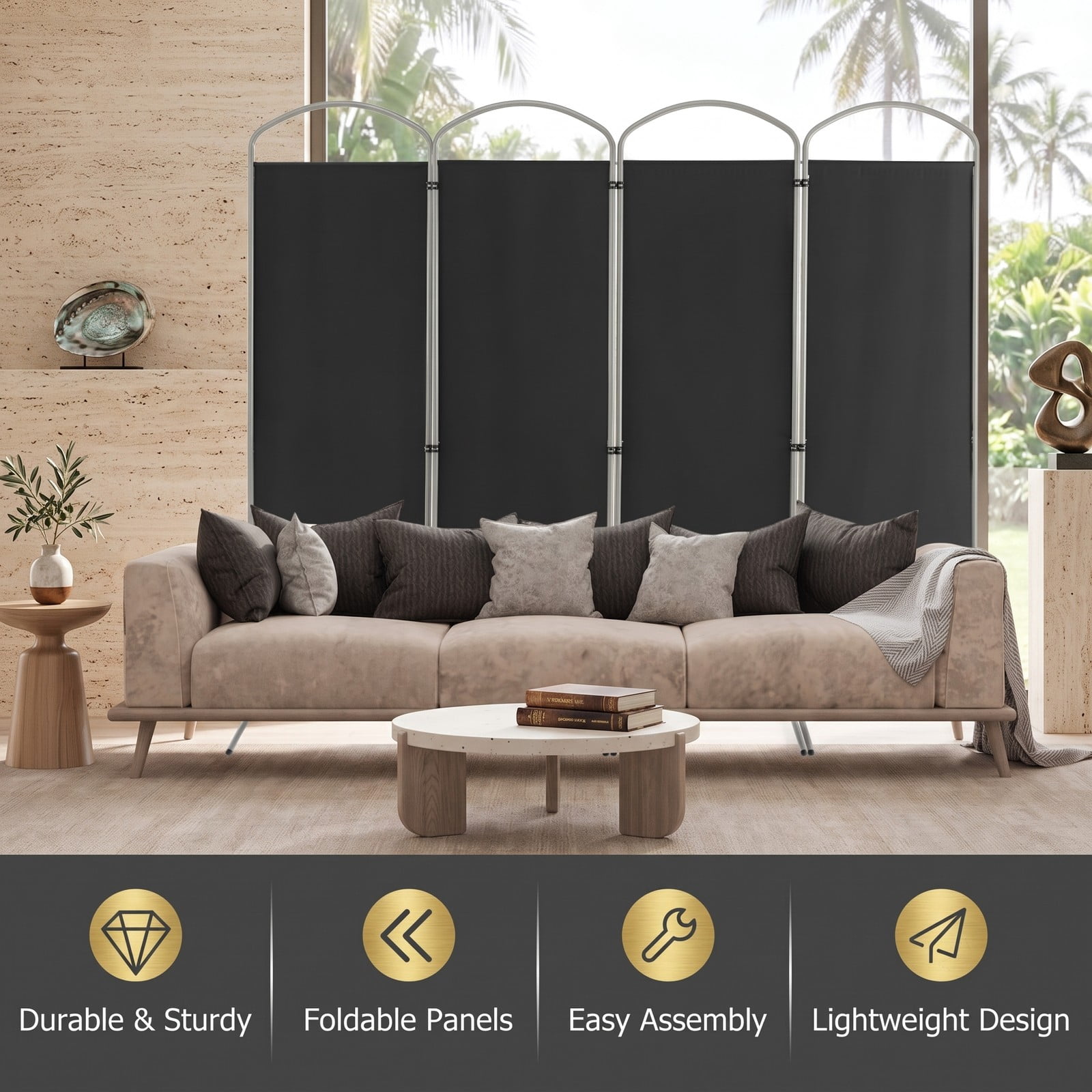 ALPULON 6.2Ft Folding 4-Panel Room Divider Freestanding Privacy Screen Partition for Home Office Living Room Bedroom, Polyester Fabric with Metal Base, Black