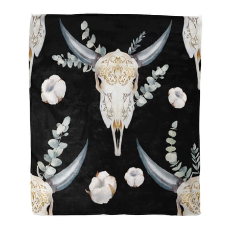 SIDONKU Throw Blanket Warm Cozy Print Flannel Watercolor Bull Skull Boho Chic Buffalo Head Flowers and Eucalyptus Branches Comfortable Soft for Bed Sofa and Couch 50x60 Inches