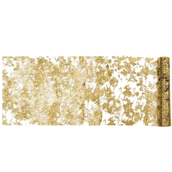 Tunhigl Table Runner - Sequin Glitter Foil Metallic Thin Mesh Runner Roll 30 ft - Gauze Table Runner with Floral Bouquet Strap for Wedding, Holiday, Christmas, Party, Banquet, Home Decor Gold
