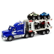 Off Road Police Transporter Trailer 1:32 Children's Kid's Friction Toy Truck Ready To Run w/ 4 Toy Trucks, No Batteries Required (Colors May Vary)