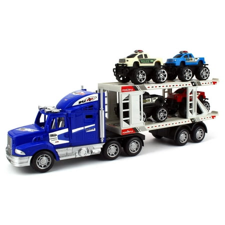 Off Road Police Transporter Trailer 1:32 Children's Kid's Friction Toy Truck Ready To Run w/ 4 Toy Trucks, No Batteries Required (Colors May