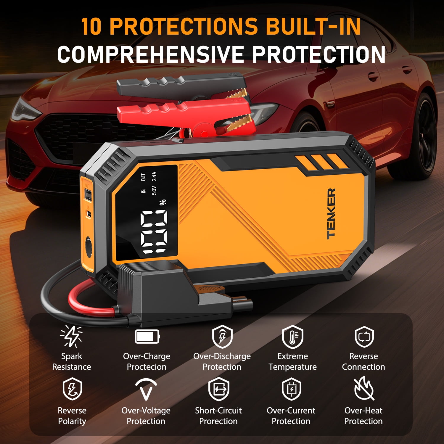 TENKER 6000A Car Battery Jump Starter, Portable Car Jump Starter with USB Quick Charge and DC Output, 12V Jump Pack with Built-in LED Bright Light, LCD Screen, Portable Power Bank Charger, Orange