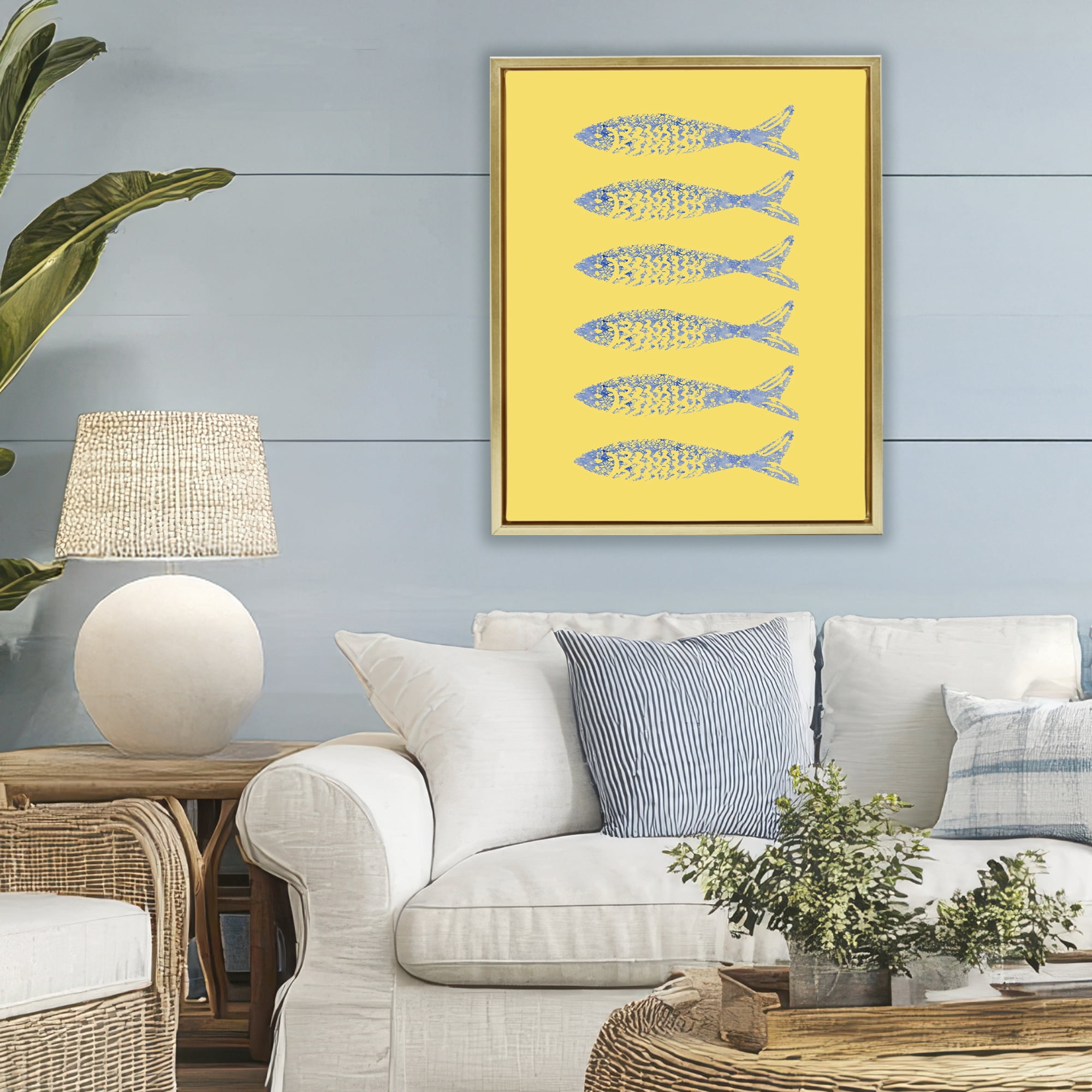 Stupell Industries Sardine Stamps on Yellow Gold Framed Floater Canvas Wall Art, design by Julie DeRice