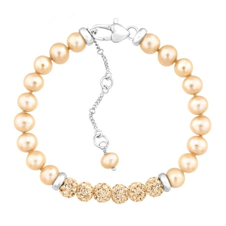 Luminesse Girl's Champagne Freshwater Pearl Bead Bracelet with Swarovski Crystals in Sterling Silver