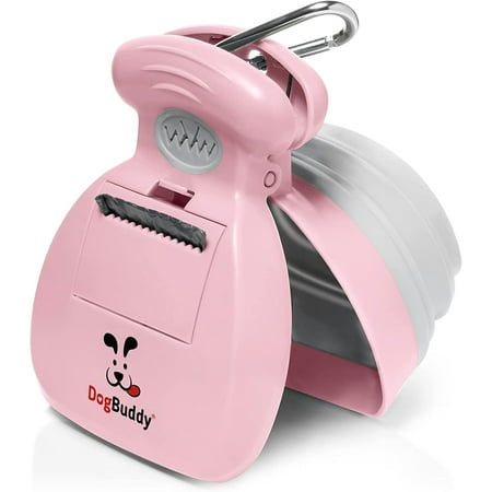 DogBuddy Pooper Scooper Portable Dog Poop Scooper Sanitary Dog Waste Pick Up Heavy Duty Dog Waste Cleaner with Bag Dispenser Dog Leash Clip and Pooper Scooper Bags Included (Medium Pink)