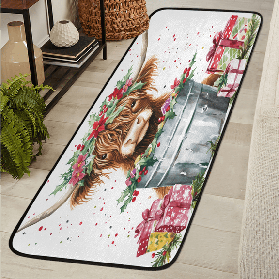 CURLYOOT Xmas Vintage Highland Cow Holiday Runner Rug 2'x6' Washable Kitchen Runner Rug Indoor Non Slip Laundry Rugs Floor Carpet for Hallway Kitchen Entryway Bedroom Living Room