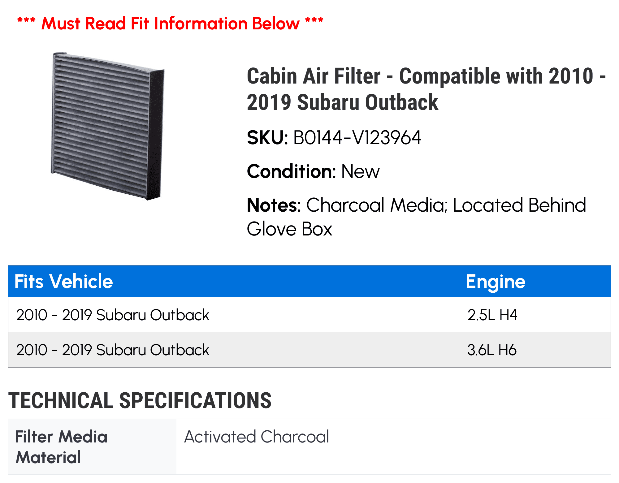 Cabin Air Filter - Compatible with 2010 - 2019 Subaru Outback 2011 2012 2013 2014 2015 2016 2017 2018