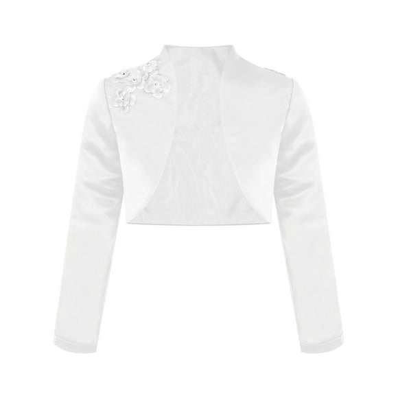 Doomiva Girls Satin Bolero Shrug Long Sleeve Open Front Cardigan Jacket Wedding Pageant Dress Cover Up White 12