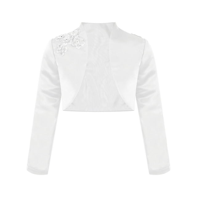 RUNQHUI Enfants Filles 3D Fleurs Cardigan à Manches Longues Boléro Robe de Demoiselle d'Honneur Couverture Extérieure Blanc 10