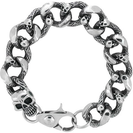 Steel Art Men's Stainless Steel Cast Skull Link Heavy-Duty Curb Chain Bracelet, 9