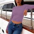 thumbnail image 4 of cocolona Womens Summer Backless Tops Crew Neck Long Sleeve Crop Slim Fit Shirts Going Out Casual Solid Color Blouses, 4 of 5