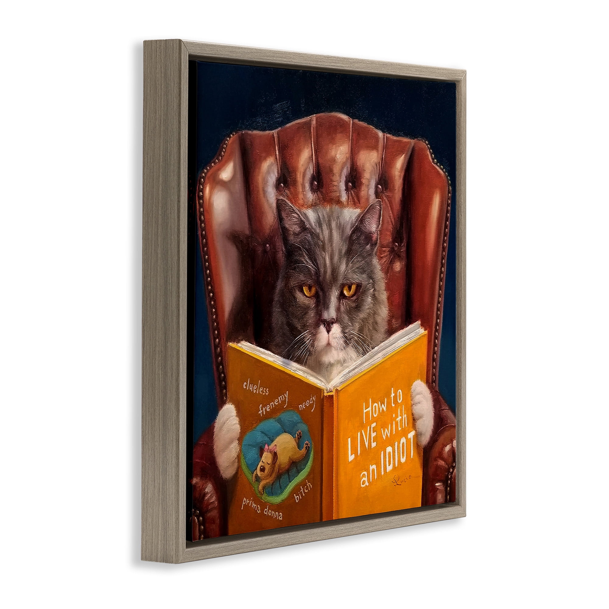 Stupell Industries Funny Cat Reading Dog Book Animals & Insects Painting Brown Floater Framed Canvas Art Print Wall Art, 18 x 18