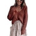 thumbnail image 3 of Prendas de punto con cuello en V para mujer, Jersey de punto suelto corto transpirable amigable con la piel de Color puro y manga larga, Top para Otoño e Invierno, 3 of 6