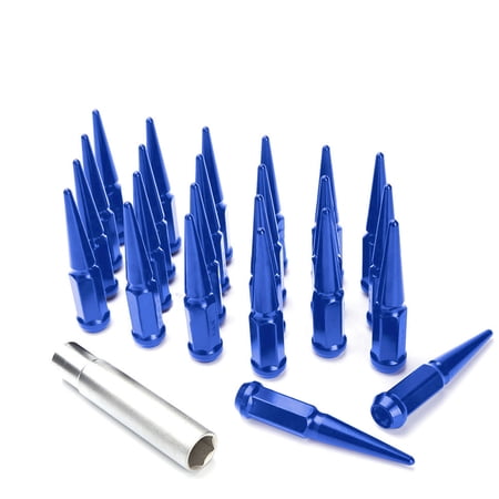 24PC 14x2.0 SPIKE BLUE SOLID STEEL LUG NUTS 4.5" TALL+KEY FORD F150 EXPEDITION