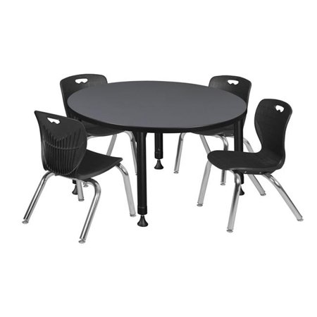 Kee 42 in. Round Height Adjustable Classroom Table - Grey & 4 Andy 12-in Stack Chairs, Black