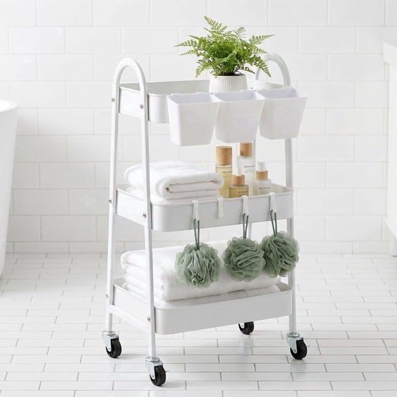 3-Tier Rolling Utility Cart with Locking Wheels - White Metal Rolling Storage Cart with Hanging Cups & Hooks for Kitchen, Bathroom, Office, Workshop