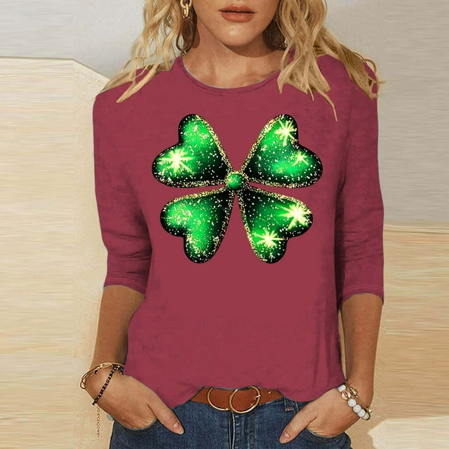 Elvqul Shirts T - pour Femmes Imprimé Mode Col Rond T-Shirts Manches 3/4 Grande Taille Fête de la Saint-Patrick Hauts pour Femmes Vert