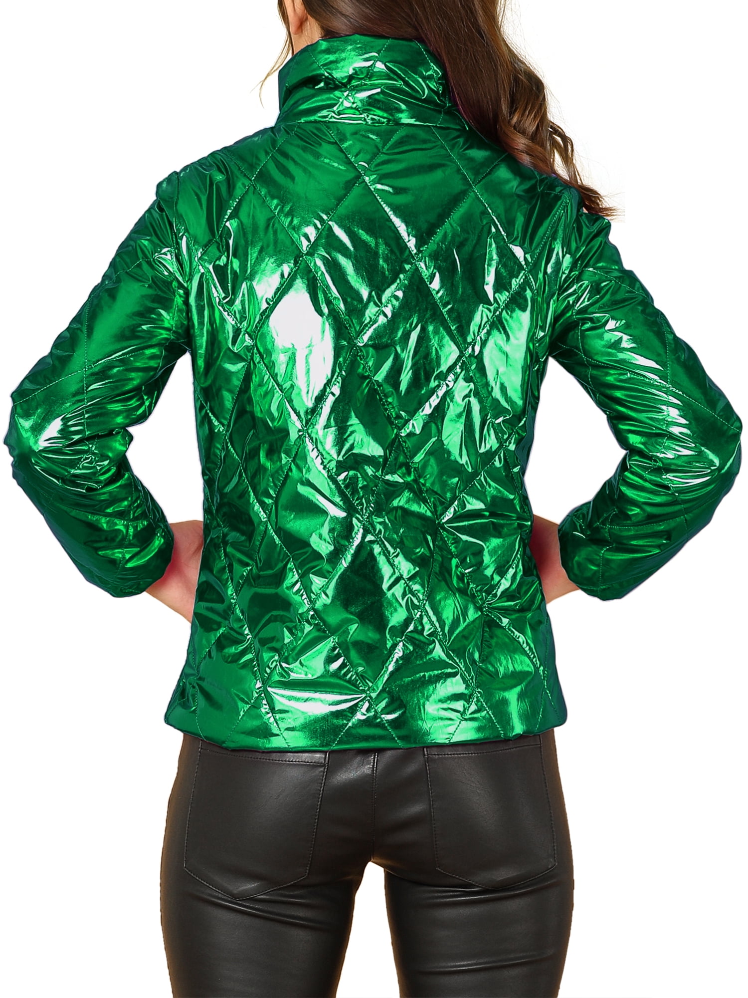 Unique Bargains Women's Holographic Shiny Zipper Quilting Down Puffer Jacket S Green